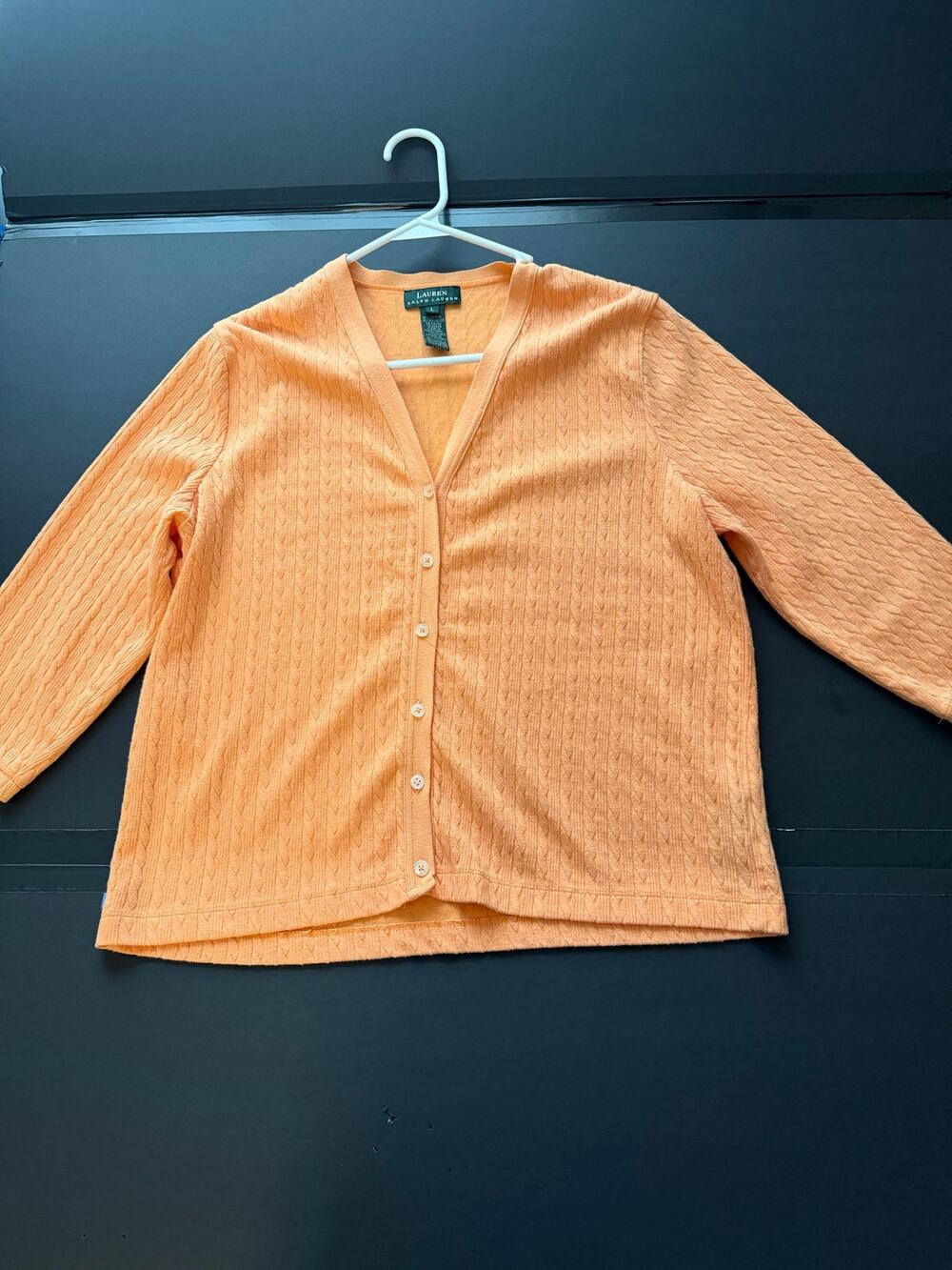 Lauren Ralph Lauren Womens Large Peach Cable Knit Cardigan V Neck Sweater LRL